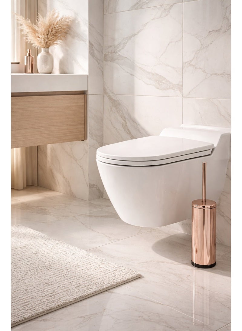 Stainless Steel Toilet Brush With Holder, Freestanding Bathroom Cleaning Brush Set, Cylindrical Design, Rose Gold Finish, 38 cm Height - Image 2